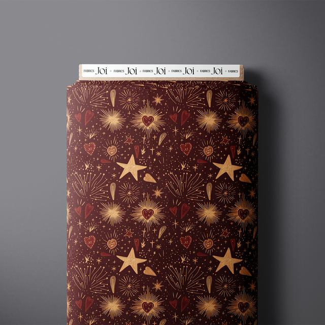 Love in Orbit printed pure cotton satin fabric — hearts and shooting stars on garnet