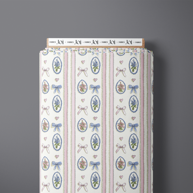 Heirloom printed pure cotton satin fabric — cameos, ribbons and pearls