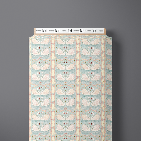Odette pure cotton satin fabric bolt with pairs of swans and ribbons in ivory and aqua