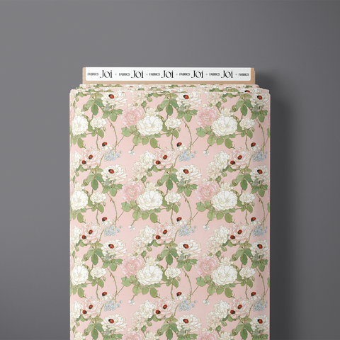 Primrose pure cotton satin fabric bolt with soft roses and ladybugs on powder pink