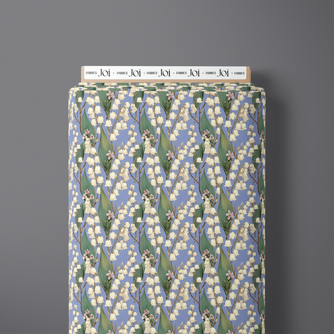 Lillia pure cotton satin fabric bolt with lily of the valley on a periwinkle ground